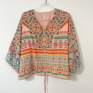 Chicos Vibrant Tropical Bright Print Kimono Sleeve Flowy Top Full Zipper Sz 2P